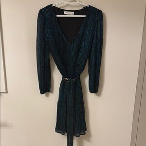 Blue Sheath Dress with V-Neck and Bishop Sleeves